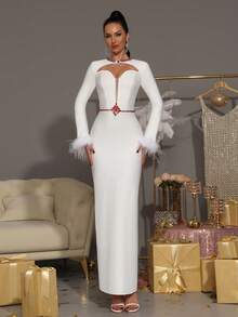 Modphy White Sexy Long Sleeve Luxury Handmade Rhinestone Faux Feather Bodycon Maxi Bandage Dress, Bridesmaid Dress For Wedding, Birthday Party, High-End Elegant Holiday Cocktail Party Formal Evening Gown For Ladies