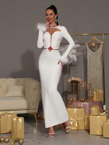 Modphy White Sexy Long Sleeve Luxury Handmade Rhinestone Faux Feather Bodycon Maxi Bandage Dress, Bridesmaid Dress For Wedding, Birthday Party, High-End Elegant Holiday Cocktail Party Formal Evening Gown For Ladies