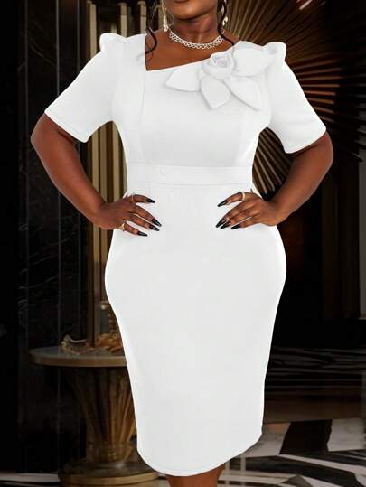 Women 3D Floral Short Sleeve Bodycon Party White Dress, Cocktail Semi Formal Dress, For Birthday, Graduation Dress,Wedding Guest, Graduation, Dinner, Homecoming