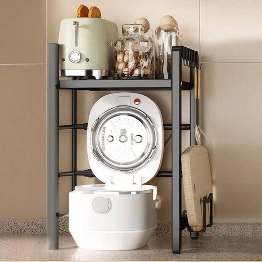 可扩展厨房锅具收纳架适用于电饭煲微波炉空气炸锅收纳 - 黑色 - 查看 1