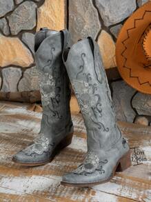 Damen Mode Stickerei Plateau Slip-On Stiefel, einfarbiges vielseitiges Muster,