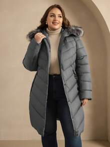 Astrid Plus Size Casual Solid Color Patchwork Faux Fur Hooded Long Padded Coat, Winter - Grey - View 1