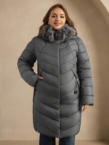 Astrid Plus Size Casual Solid Color Patchwork Faux Fur Hooded Long Padded Coat, Winter - Grey - View 4