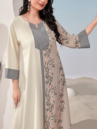 Scacto 三色拼布 V 领中长宽松 A 字裙，复古印花，优雅大方，适合日常穿着、休闲聚会，宽松廓形