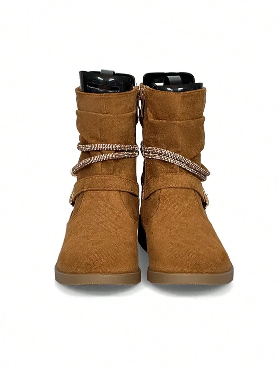 Botas de tobillo con tacón grueso 2024 nuevas, botas de moda para mujer con cadena para primavera y otoño - Camel - Ver 1