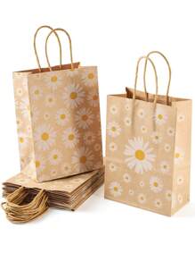 10pcs-Daisy Flower Print Gift Bags Kraft Paper Carrier Bags, Small Daisy Paper Gift Bags Made Of Kraft Paper, Holiday And Party-Themed Gift Bags, Festival Packaging For Party Favor Packaging