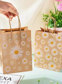 10pcs-Daisy Flower Print Gift Bags Kraft Paper Carrier Bags, Small Daisy Paper Gift Bags Made Of Kraft Paper, Holiday And Party-Themed Gift Bags, Festival Packaging For Party Favor Packaging
