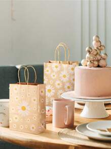 10pcs-Daisy Flower Print Gift Bags Kraft Paper Carrier Bags, Small Daisy Paper Gift Bags Made Of Kraft Paper, Holiday And Party-Themed Gift Bags, Festival Packaging For Party Favor Packaging