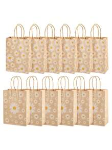 10pcs-Daisy Flower Print Gift Bags Kraft Paper Carrier Bags, Small Daisy Paper Gift Bags Made Of Kraft Paper, Holiday And Party-Themed Gift Bags, Festival Packaging For Party Favor Packaging