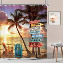 1 pieza - Cortina de ducha de poliéster con diseño de oceánica, palmeras tropicales, puesta de sol hawaiana, paisaje de verano e inspirador texto, decoración de baño impermeable con 12 ganchos de plástico