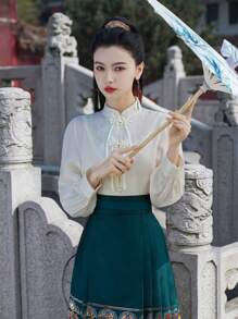 Áo dài tay Hanfu ren mơ thanh lịch hiện đại phong cách Trung Hoa mùa thu cải tiến năm mới của Trung Quốc - Màu be - Xem 8