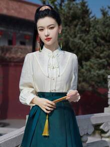 Áo dài tay Hanfu ren mơ thanh lịch hiện đại phong cách Trung Hoa mùa thu cải tiến năm mới của Trung Quốc - Màu be - Xem 6