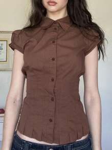 Women Short Sleeve Shirts Solid Color Pleated Buttons Fashion Blouses Summer Slim Casual Tops Streetwear - màu nâu - Xem 2