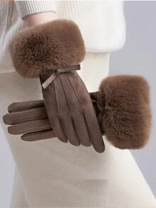 1 Pair Women Coffee Color Fall/Winter New Polyester Fiber Elegant Casual Full Finger Gloves With Furry Edges, Suitable For Outdoor, Casual, Parties, Mature Autumn/Winter Valentines
