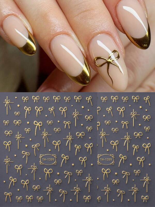 2pcs Gold Bowknot Nail Art Stickers Spring Summer Simple Florals Petals Leaf Self Adhesive Decorations Manicure Decoration For Women Girl Friend Gift DIY