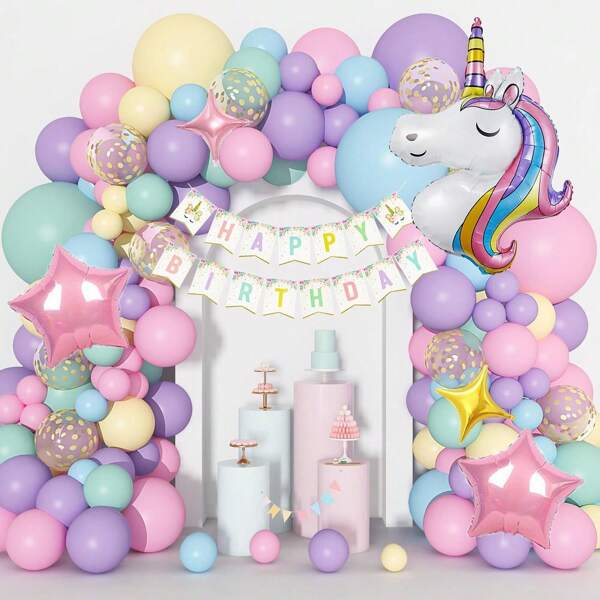 142pcs Unicorn Theme Balloon Garland Arch Set, Including Large Unicorn, Star Foil Balloon And Pink, Yellow, Green, Blue Latex Balloon, Perfect For Birthday Party Decorations, Decorative Background, Cartoon Unicorn Theme Party Supplies