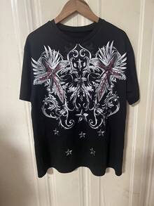 Y2K Casual Cross Print Round Neck Short Sleeve T-Shirt - Black - View 2