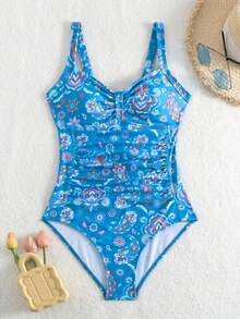 女士花卉印花荷叶边修身细肩带连体泳衣，带收腹设计，夏季
