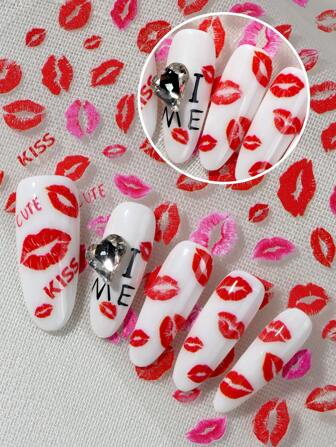 Valentines Nails A New Valentine's Day French Nail Sticker, Sexy Hot Girl Red Lip Kiss Nail Art Sticker