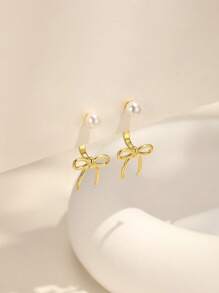1Pair Bowknot /Shell Faux Pearl Pendant 925 Sterling Silver Hypoallergenic Earring For Women Romantic Stud Earring Perfect For Valentine's Day/Girl Friend Gift Bridal Jewelry Fine Jewelry Valentines
