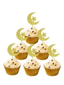 30 de bucăți Eid Al-Adha și Eid Al-Fitr Moon And Star Cake Toppers, Decoratiuni pentru cupcakes din hârtie, fără electricitate, fără pene, pentru Ramadan, Muharram și deserturi de sărbătoare