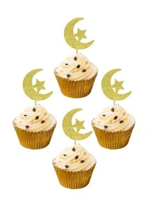 30 de bucăți Eid Al-Adha și Eid Al-Fitr Moon And Star Cake Toppers, Decoratiuni pentru cupcakes din hârtie, fără electricitate, fără pene, pentru Ramadan, Muharram și deserturi de sărbătoare
