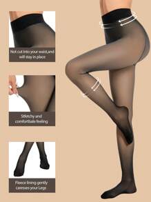 Fleece Lined Tights Sheer Women - 220g Fake Translucent Warm Pantyhose Leggings Sheer Thick Fleece Tights Winter - 黑色 - 查看 2