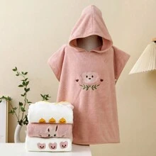 1pc Ins Embroidered Bear Baby Coral Fleece Hooded Cloak Children Bathrobe, Infant Absorbent Towel, 1-4 Years Old - Multicolor - View 2