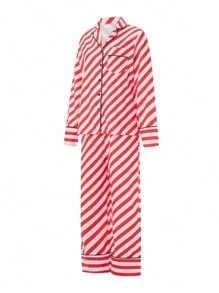 Women Christmas Pajama Set, Striped Long Sleeve Shirt With Pants Sleepwear Loungewear - Đỏ - Xem 2