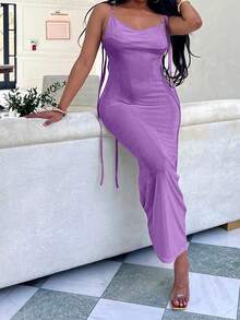 Vestido largo con tirantes de espagueti y espalda descubierta de unicolor y sexy para mujeres - Morado - Ver 4