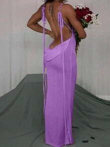Vestido largo con tirantes de espagueti y espalda descubierta de unicolor y sexy para mujeres - Morado - Ver 6