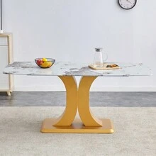 A Modern Minimalist Dining Table. Imitation Marbled Glass Tabletop. Gold MDF Table Legs For Kitchen And Living Room - 黃金如圖 - 查看 3