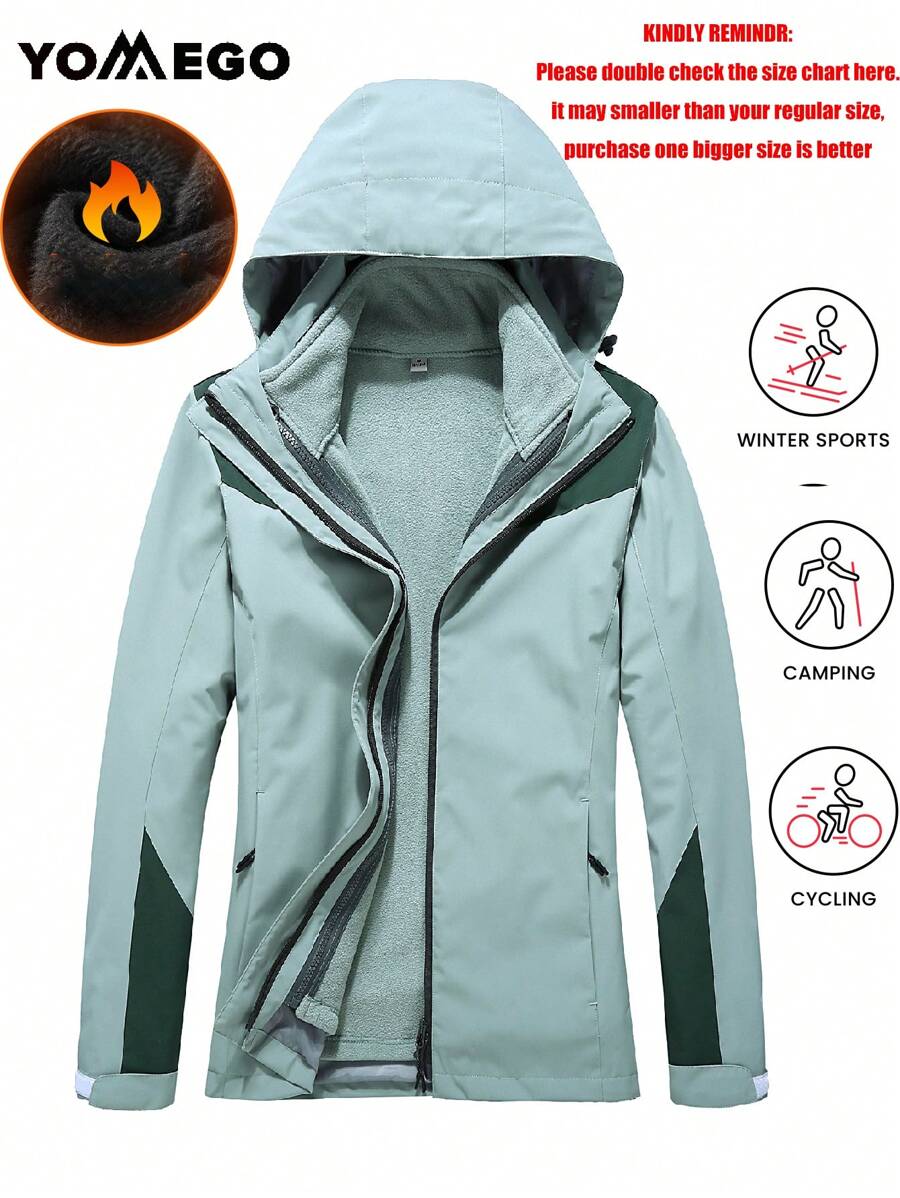 YOMEGO 女士三合一防水防风冬季夹克，带保暖衬里的滑雪外套，时尚可拆卸女式连帽外套，非常适合户外探险、慢跑、徒步旅行、露营 - 綠色 - 查看 1