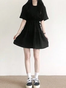 Korean Style Sweet Tie Waist Round Neck Short Sleeve Casual Versatile Crop Mini Dress For Women, Summer