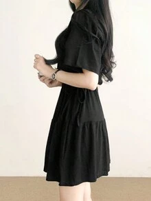 Korean Style Sweet Tie Waist Round Neck Short Sleeve Casual Versatile Crop Mini Dress For Women, Summer