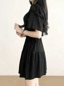 Korean Style Sweet Tie Waist Round Neck Short Sleeve Casual Versatile Crop Mini Dress For Women, Summer