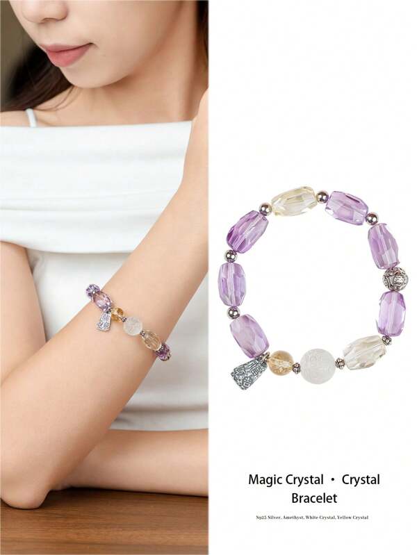 VE [VE] 1 pieza Pulsera de cristal natural de alta calidad en plata, con elegante amatista boliviana, cuarzo blanco y deslumbrante cuarzo amarillo, que simboliza elegancia, buena fortuna y prosperidad. El color de las piedras preciosas naturales es aleatorio.