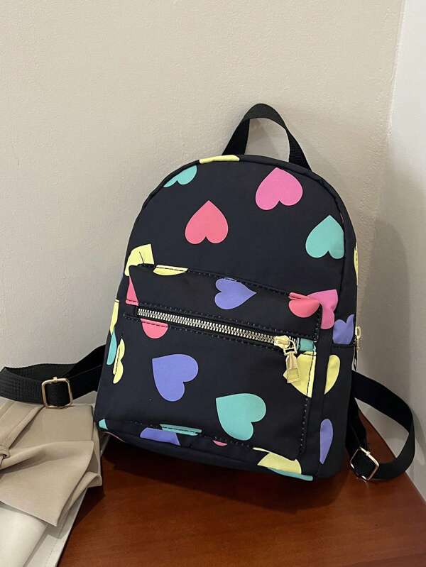 Heart Printed Nylon Mini Backpack, Fashion Minimalist Personality Travel Pack For Women, Back To School, School Essential Stuff For Women, Girls & Students