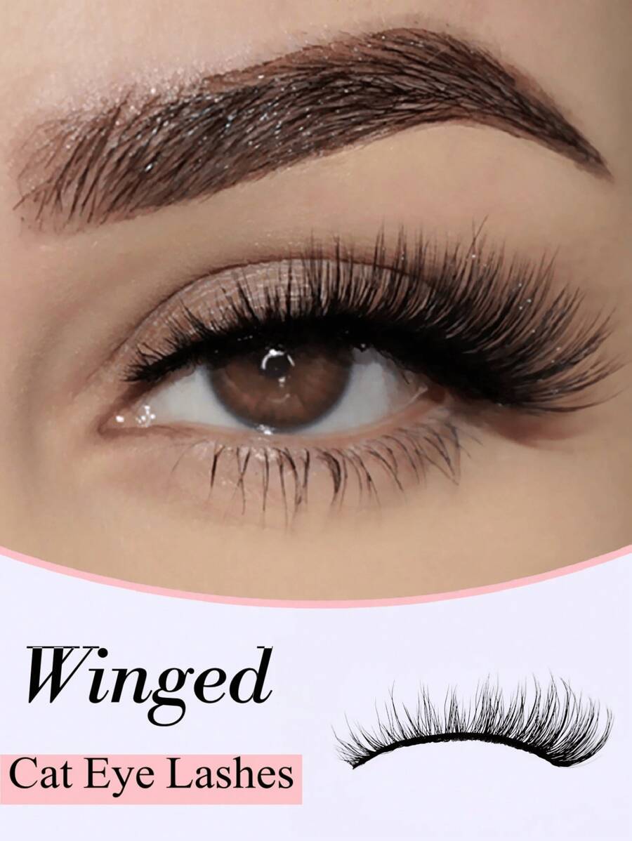 Asiteo 1 Pair Cat Eye False Eyelashes, Faux Mink, Extended Ends, Soft & Natural, Full Strip Lashes - Black - View 1