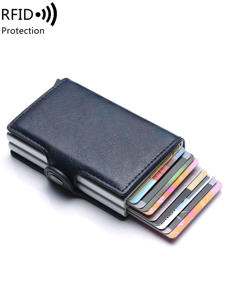 Con clip para billetes de piel sintética con bloqueo emergente, tarjetero doble, ligero, portátil, para tarjetas de identificación, para trabajadores de cuello blanco, para vacaciones masculinas, para aniversario, para cumpleaños, accesorios de regalo, tarjetero antirrobo, tarjetero de visita, tarjetero de crédito para hombre, minitarjetero, tarjetero, tarjetero RFID