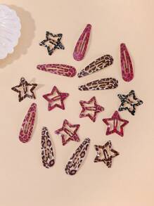 16pcs Leopard Pattern Teardrop & Star Hair Clips, Sweet & Cute Y2K Bangs Barrettes For Daily Wear And Commute Claw Clips