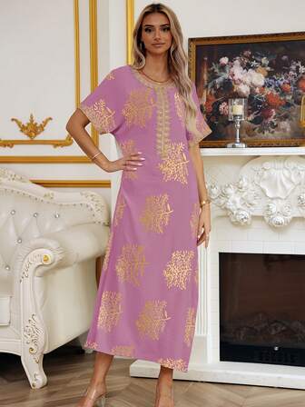 Women's Round Neck Short Sleeve Printed Simple Long Dress