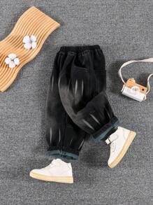 Young Boys Thick Thermal Lined Printed Elastic Waist Denim Jeans For Winter