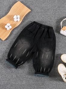 Young Boys Thick Thermal Lined Printed Elastic Waist Denim Jeans For Winter