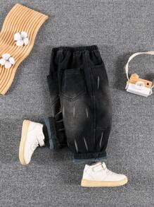 Young Boys Thick Thermal Lined Printed Elastic Waist Denim Jeans For Winter