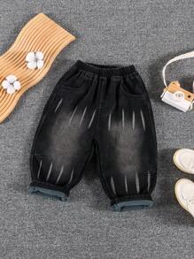 Young Boys Thick Thermal Lined Printed Elastic Waist Denim Jeans For Winter
