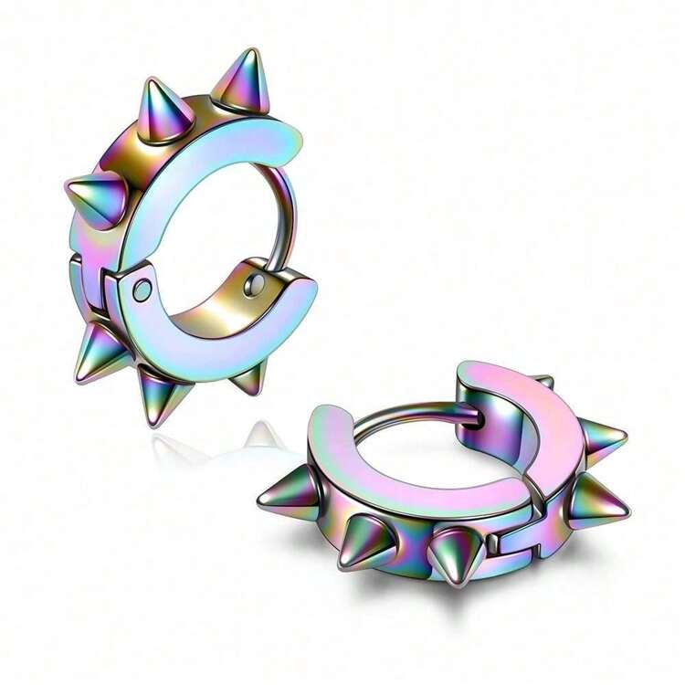 2只/10只装朋克铆钉不锈钢耳环，男士休闲时尚钛钢吊坠耳环，酷炫派对夜店配饰，日常佩戴，不锈钢铰链耳环，朋克尖刺耳环，送男友礼物，送女友礼物，圣诞礼物 - 銀色 - 查看 14