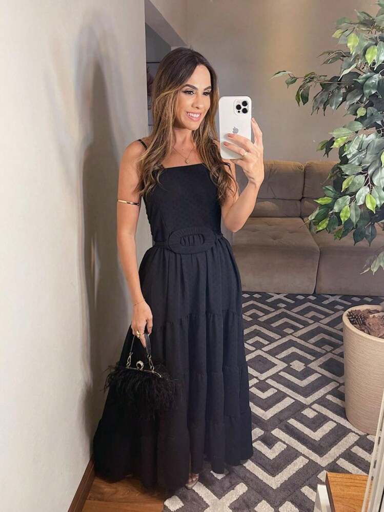 Women's Long Strappy Dress With Belt - Elegance And Comfort For Summer - màu đen - Xem 1