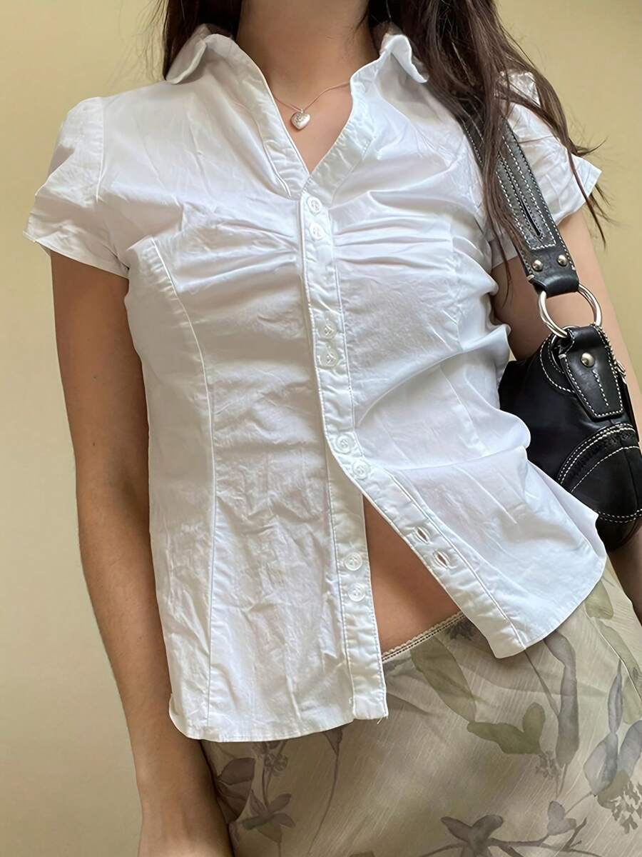 Women's Button Down Shirts Cap Sleeve Lapel Collar Tie Back Slim Fit Tops Summer Shirts - trắng - Xem 1