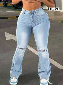 European And American New Style Simple Casual Basic Versatile Ripped Women's Plus Size Denim Stretch Bell Pants - Light Washed Blue - View 1